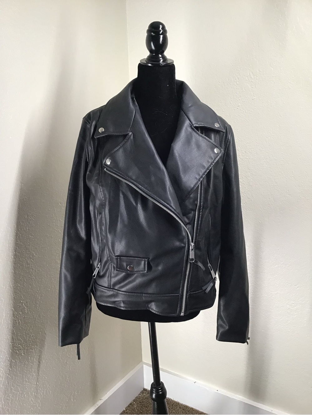 H&M Black Faux Leather Moto Jacket with Silver Hardware